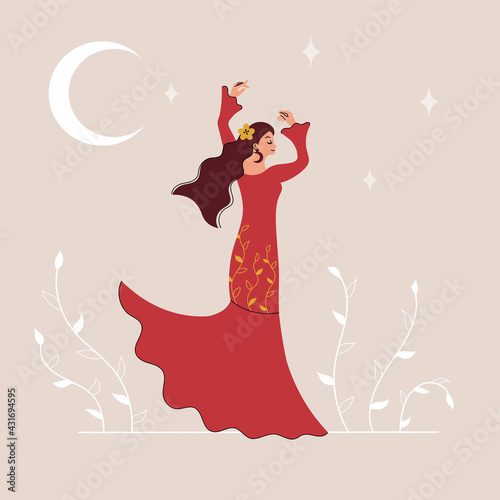 Woman dancing flamenco and holding a fan.