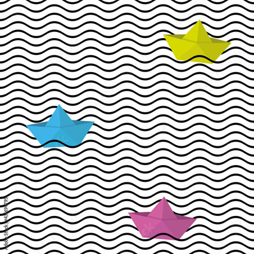 Seamless wavy line pattern with origami boats