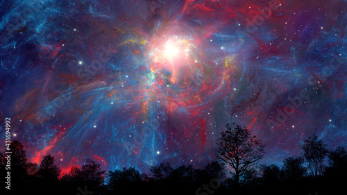 Space background. Tree, landscape black silhouette in colorful fractal nebula with stars field. Digital painting. 3D rendering