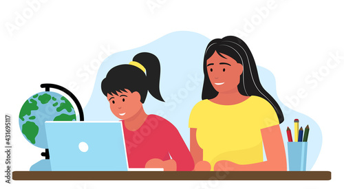 Girl studying online education at home cartoon vector illustration. Student workplace desktop computer doing homework surfing internet e-learning school lesson concept. Pupil kid learning process