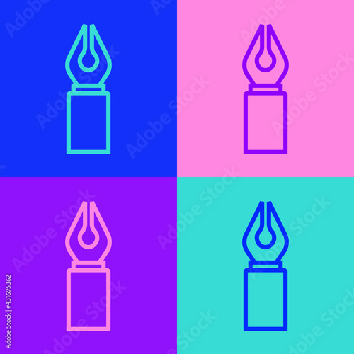 Pop art line Fountain pen nib icon isolated on color background. Pen tool sign. Vector