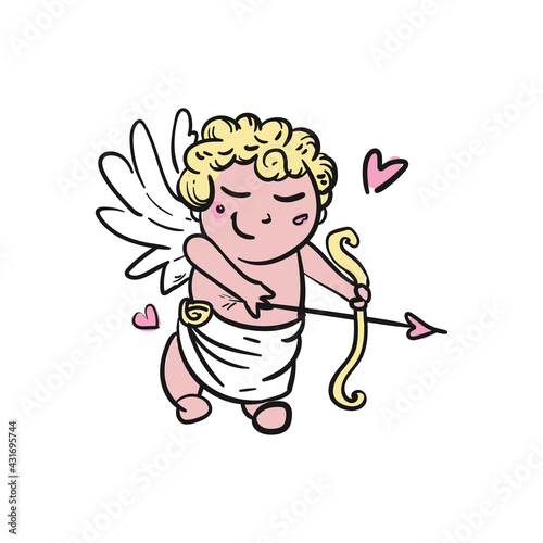 smiling blond cupid, kid with wings, bow and arrow in his hands