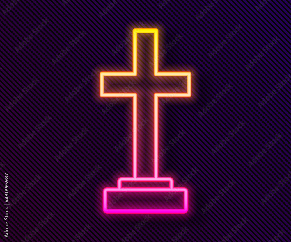 Obraz premium Glowing neon line Grave with cross icon isolated on black background. Vector