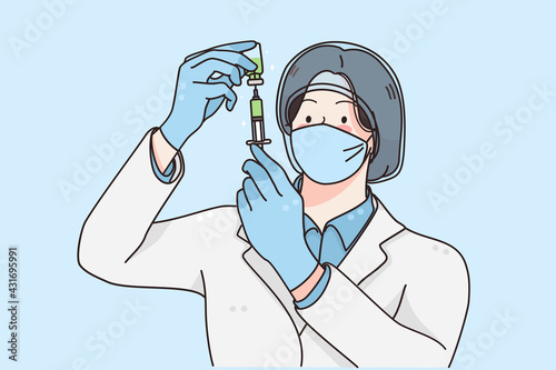 Research of Covid-19 virus vaccine concept. Young woman scientist in medical medical face mask looking at syringe in laboratory doing some research vector illustration 