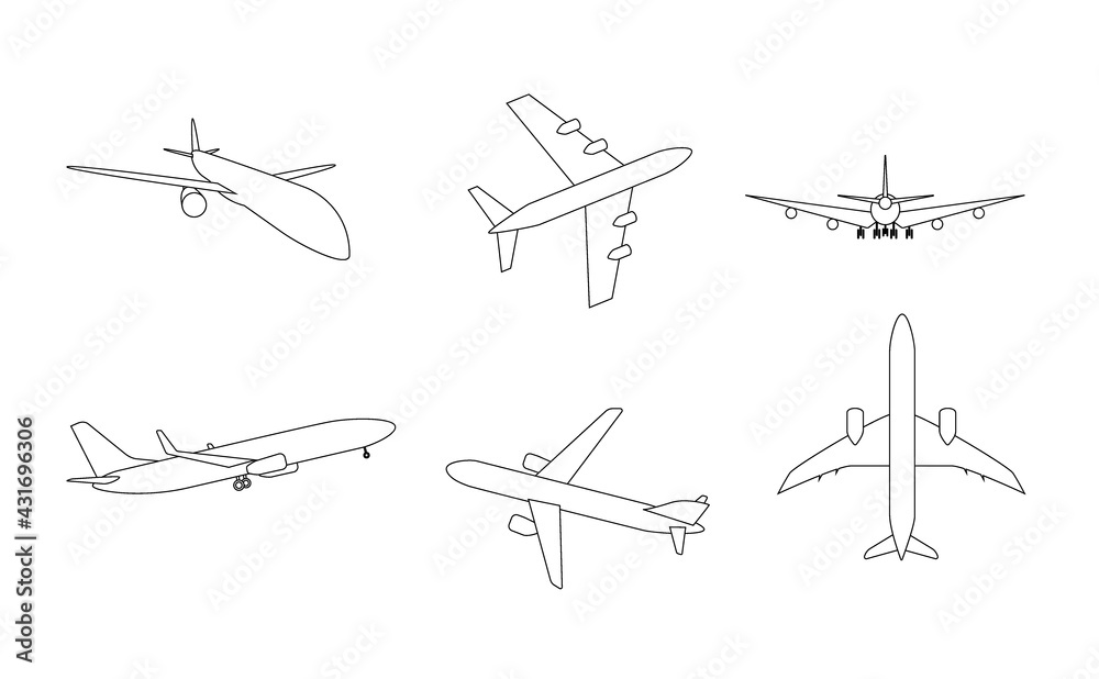 Silhouette of black and white aircraft in the sky, isolated. Vector Illustration