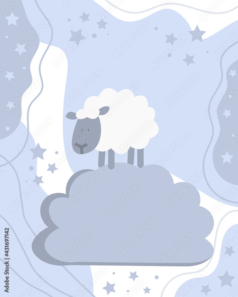 A cute sheep is walking on the cloud among stars. A cute sheep is walking on the cloud among stars.