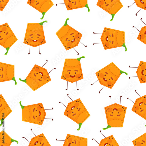 Seamless pattern pumpkin shaped patch pocket. Character pocket pumpkin. Cartoon style. Design element. 