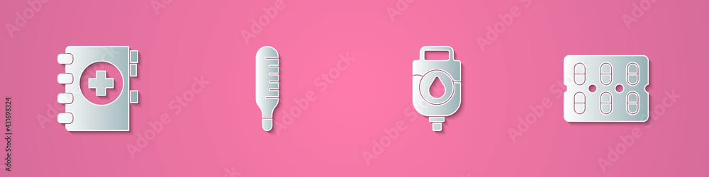 Set paper cut Medical clipboard, thermometer, IV bag and Pills in blister pack icon. Paper art style. Vector Set paper cut Medical clipboard, thermometer, IV bag and Pills in blister pack icon. Paper art style. Vector