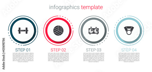 Set Dumbbell, Volleyball ball, Time chess clock and Medal. Business infographic template. Vector