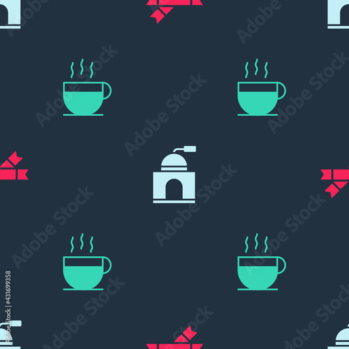 Set Sugar stick packets, Manual coffee grinder and Coffee cup on seamless pattern. Vector