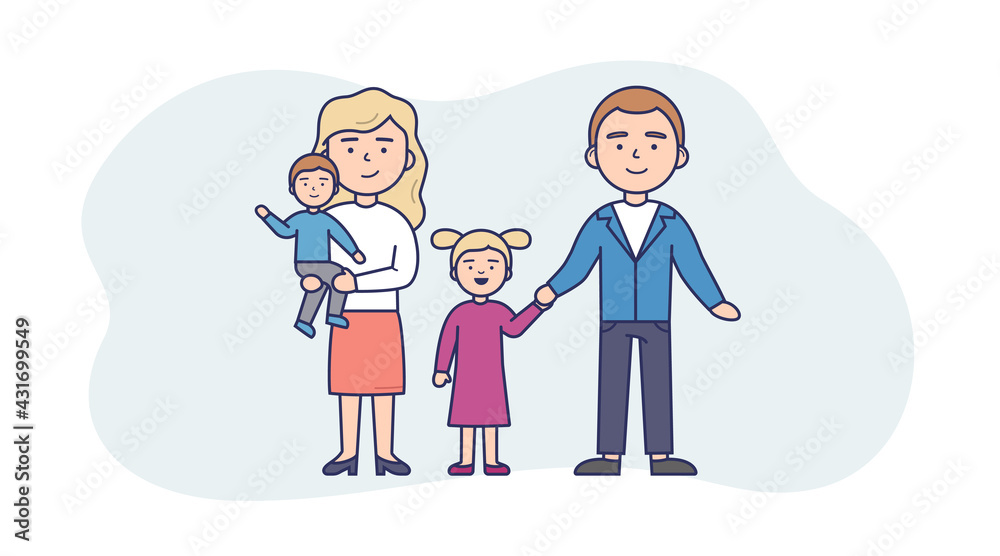 Vector Illustration In Flat Cartoon Style. Linear Composition With Outline. White Background And Characters. People Standing Together. Family Of Four Members. Two Parents With Toddler Son And Daughter