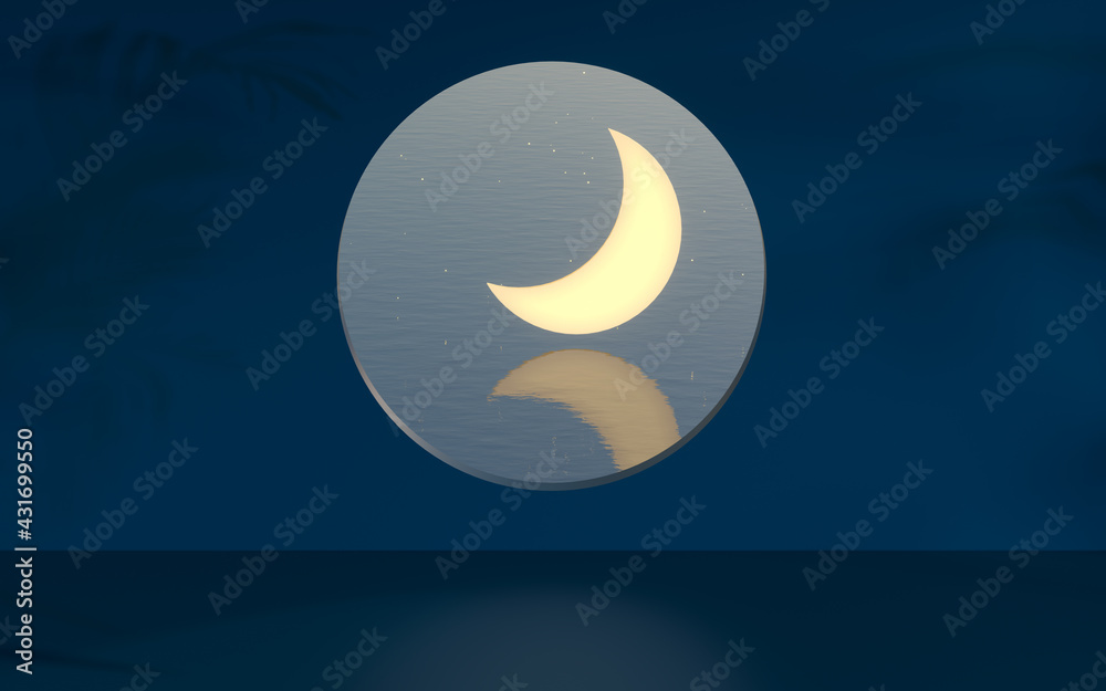 The room with an open window. The moon is outside. 3d rendering.wall The room with an open window. The moon is outside. 3d rendering.wall