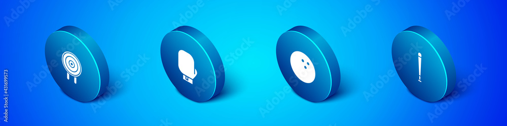 Set Isometric Target sport, Bowling ball, Baseball bat and Boxing glove icon. Vector Set Isometric Target sport, Bowling ball, Baseball bat and Boxing glove icon. Vector