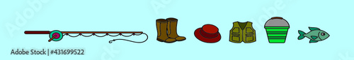 set of fishing tackle cartoon icon design template with various models. vector illustration isolated on blue background