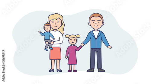 Vector Illustration In Flat Cartoon Style. Linear Composition With Outline. White Background And Characters. People Standing Together. Family Of Four Members. Two Parents With Toddler Son And Daughter