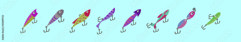 set of fishing lure cartoon icon design template with various models. vector illustration isolated on blue background set of fishing lure cartoon icon design template with various models. vector illustration isolated on blue background