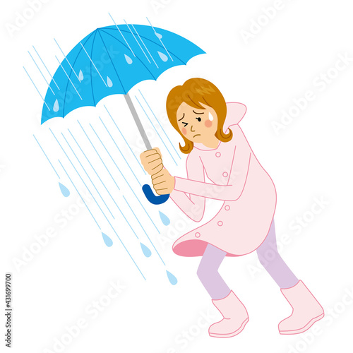 大雨の中、傘をさす女性