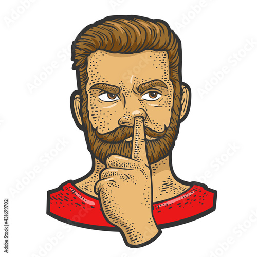 Man picking his nose color sketch engraving vector illustration. T-shirt apparel print design. Scratch board imitation. Black and white hand drawn image.