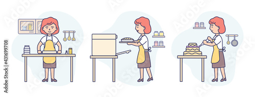 Concept Illustration On White Background. Vector Composition With Characters. Linear Outline And Soft Colours. Woman Wearing Apron Cooking Cake In Three Steps. Baking Instruction For Advertisement