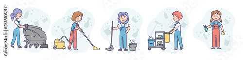 Concept Illustration On White Background. Vector Composition With Characters. Linear Outline And Soft Colours. Art With Five Women From Cleaning Company. Sweepers With Standing Different Appliances