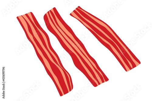 Three pieces of bacon. Top view offried bacon strips. Vector illustration isolated on white background. Flat design style for menu, cafe, restaurant, poster, banner, emblem, sticker.