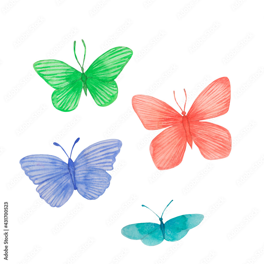 Watercolor butterfly set isolated on white collection in pastel color. Botanical illustration wedding design.