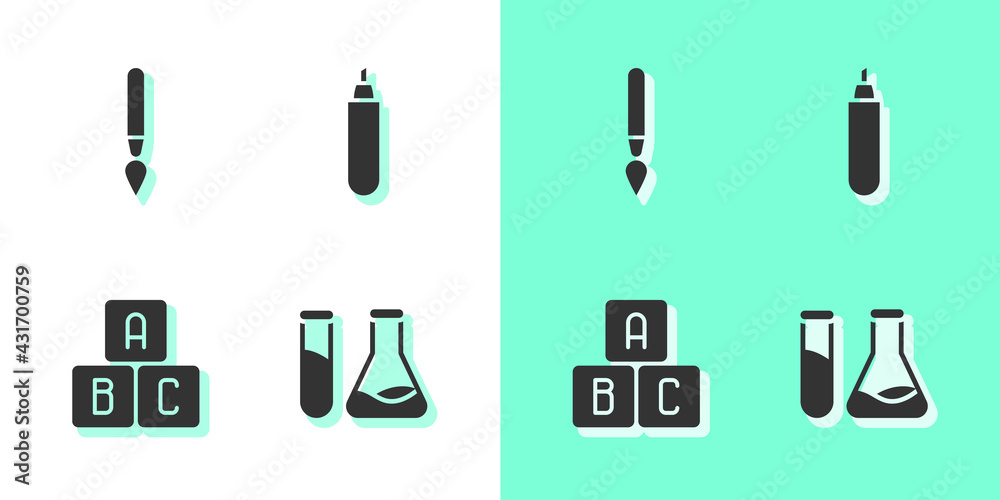 Set Test tube and flask, Paint brush, ABC blocks and Marker pen icon. Vector Set Test tube and flask, Paint brush, ABC blocks and Marker pen icon. Vector