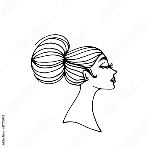 Profile portrait of young beautiful girl with hair bun. Hand drawn doodle fashion vector isolated on white.