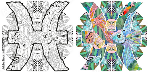 PISCES zodiac sign with mandala cute cartoon character retro zentangle stylized in vector for coloring