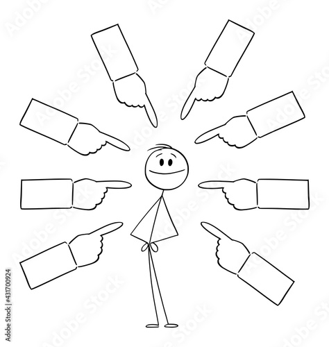 Hands Pointing at Successful Person , Vector Cartoon Stick Figure Illustration
