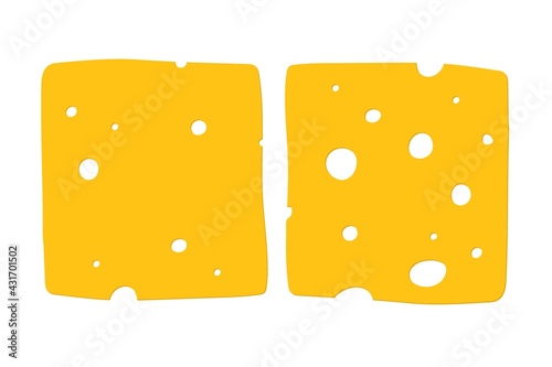 Two pieces of cheese. Overhead view of isolated yellow colour chesse. Toast Cheese Pieces isolated on white background. Flat design style for menu, cafe, restaurant, poster, banner, emblem, sticker.