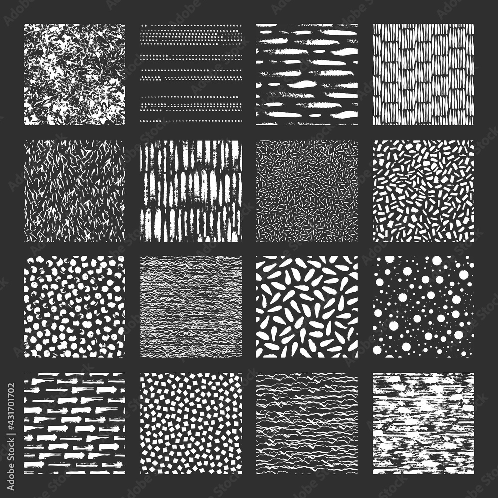 Set of 16 seamless texture. Drops, points, lines, stripes, circles, squares, rectangles. Abstract forms drawn a wide pen and ink. Backgrounds in black and white. Hand drawn. Vector illustration.