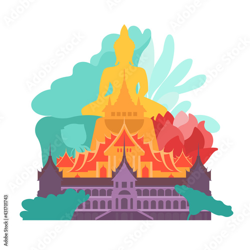 Thailand. View from Bangkok temples and Buddha in green tropical trees. Travel poster. Vector illustration. 