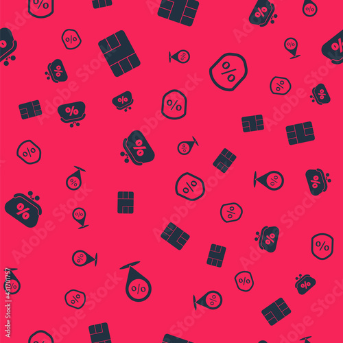 Set Location with percent discount, Credit card chip, Purse money and Loan on seamless pattern. Vector