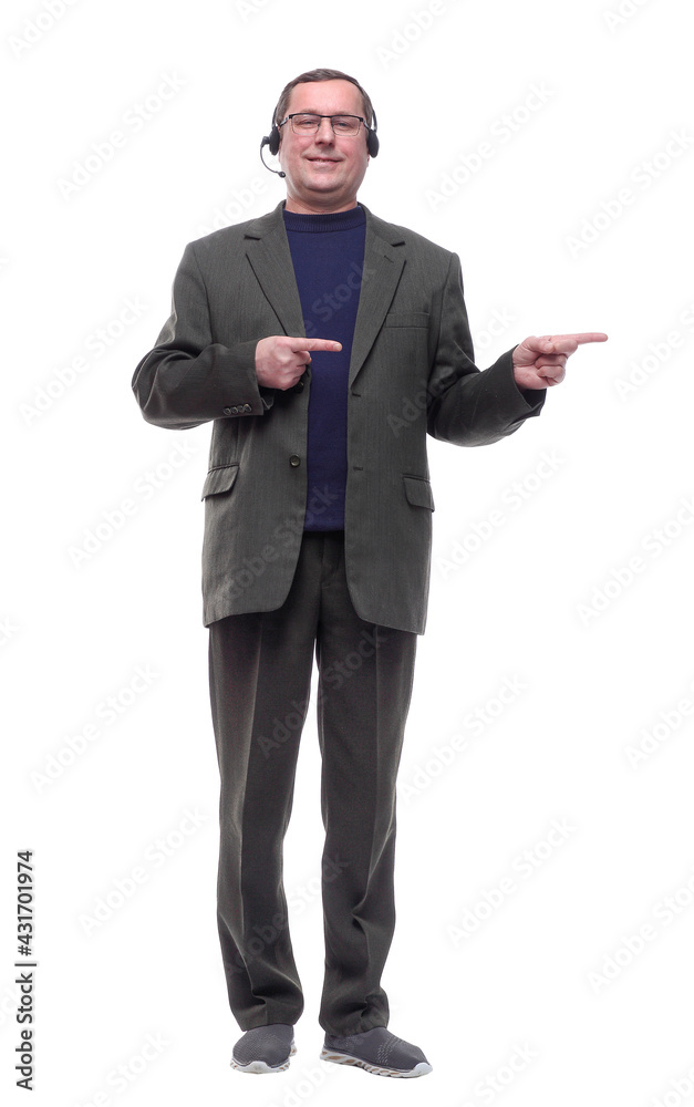 in full growth. Mature man with a headset.