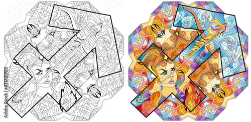 Sagittarius zodiac sign with mandala. Cute cartoon character retro zentangle stylized in vector for coloring