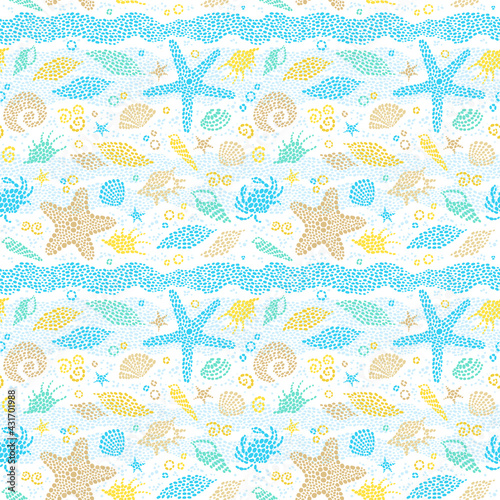 Blue seamless sea life background with sea elements. Ornate maritime decor from drops. Spotty sea backdrop