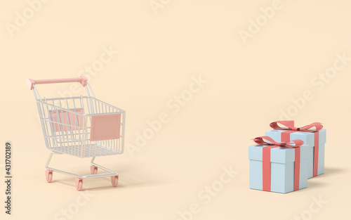 Shopping cart and present box, 3d rendering.