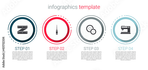 Set Tape measure, Awl tool, Sewing button and machine. Business infographic template. Vector