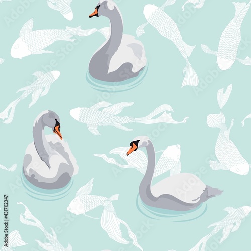 Beautiful seamless pattern with swans bird silhouette and blue fish illustration on blue mint background.