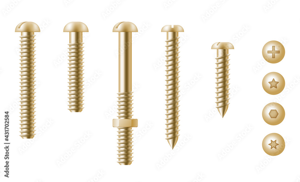 Realistic golden hardware. Construction gold hex cap nuts, gear, stainless screws and bolts set Realistic golden hardware. Construction gold hex cap nuts, gear, stainless screws and bolts set