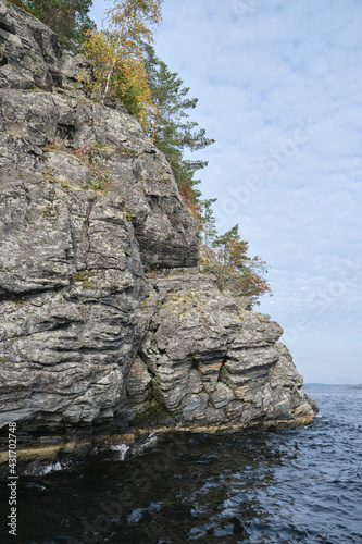 Travel along the Ladoga skerries, a natural landmark of the Republic of Karelia. Northern nature of Russia.