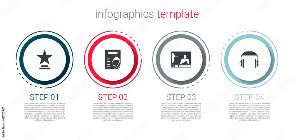 Set Movie trophy, Cinema poster, Online play video and Headphones. Business infographic template. Vector