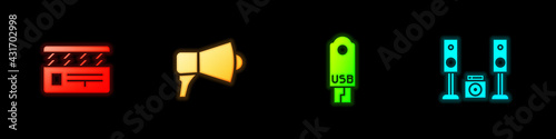 Set Movie clapper, Megaphone, USB flash drive and Home stereo with two speakers icon. Vector