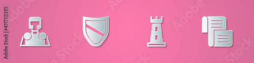 Set paper cut Medieval knight, Shield, Castle tower and Decree, parchment, scroll icon. Paper art style. Vector