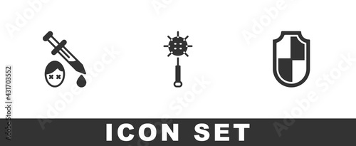 Set Sword with blood, Medieval chained mace ball and Shield icon. Vector