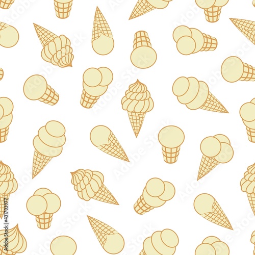 Ice cream in waffle cups and waffle cones. Seamless pattern.