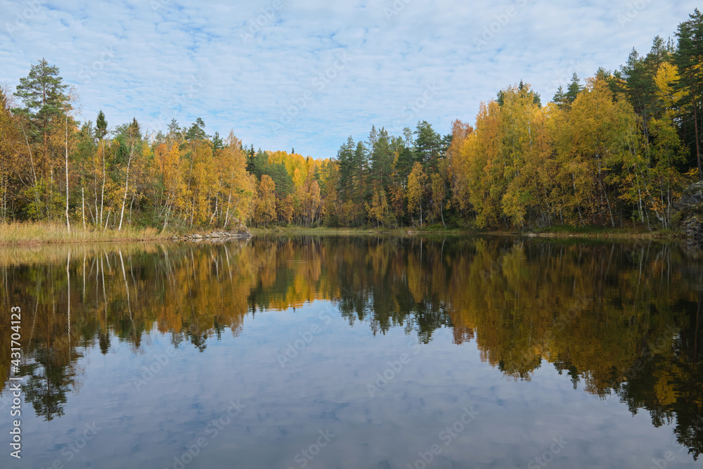 Russia, Republic of Karelia, natural attractions - Ladoga skerries on the lake, bright autumn forest.