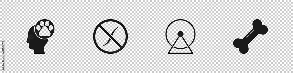 Set Human with animals footprint, Anti worms parasite, Hamster wheel and Dog bone icon. Vector Set Human with animals footprint, Anti worms parasite, Hamster wheel and Dog bone icon. Vector
