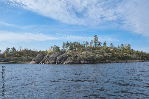 Panorama of northern nature, travel across Russia. Popular tourist destination. Lake Ladoga. Karelian nature.